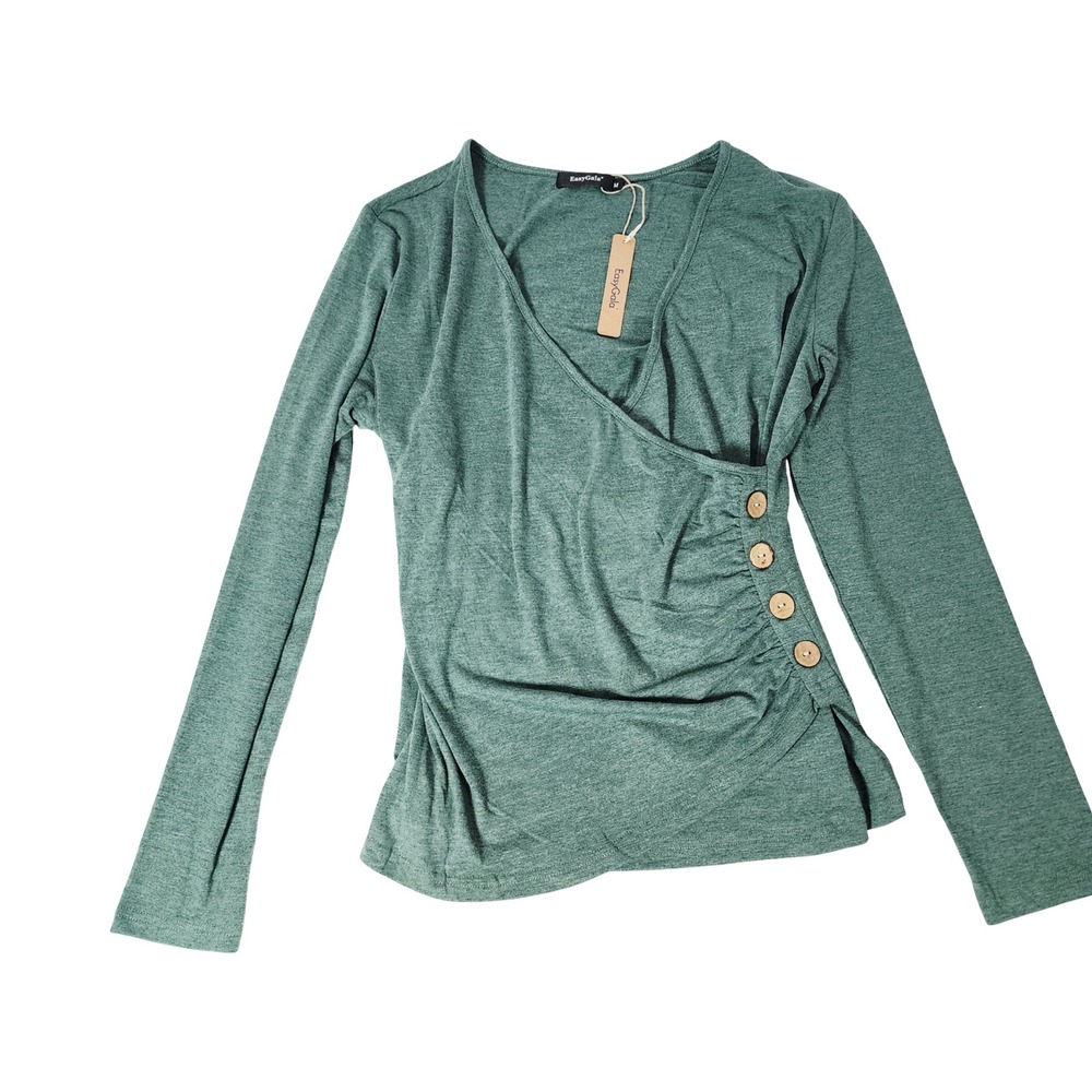 EasyGala Womens Long Sleeve Wrap Top Heather Green Ruched Side Button V-Neck M